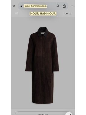 NOUR HAMMOUR Dark Brown Suede Long Coat with leather collar